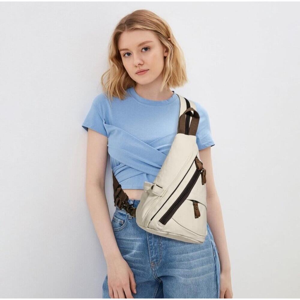 Like New KL928 Unisex Canvas Sling Bag Convertible Crossbody Backpack Cream